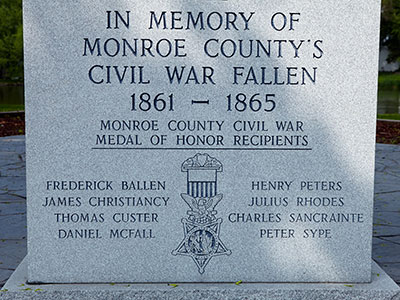 Front center panel of the Monroe County Civil War Fallen Soldiers Memorial. Image ©2015 Look Around You Ventures, LLC.